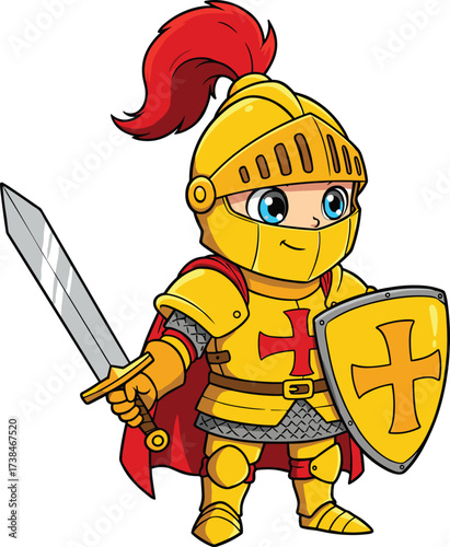 Cartoon knight in golden armor with sword and shield, medieval warrior character, heroic battle concept, cad drawing flat vector illustration