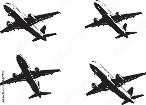 Airplane silhouette vector clipart – Black stencil style plane icon isolated on white background