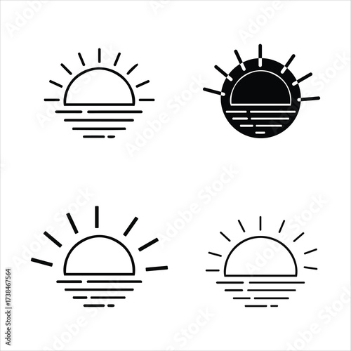 Four simple sun rising over water icons in outline and silhouette styles