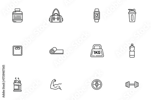 Fitness and Gym Line Icons Set - Workout, Exercise, Health, Sports, and Wellness Symbols