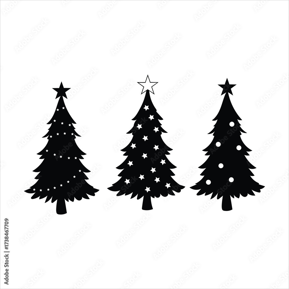 Obraz premium Three black silhouette christmas trees decorated with lights and stars ready for holiday celebration