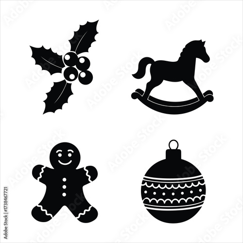 Festive christmas silhouette icons a holly sprig gingerbread man rocking horse and ornament