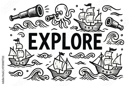Quirky Sea Exploration. Quirky sea exploration with telescopes, ships, and waves, center word “Explore” in black and white
