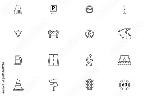 Road and Traffic Signs Line Icons Set - Transportation, Navigation, Safety, and Driving Symbols