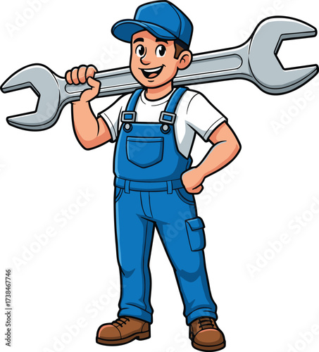 Cartoon mechanic holding wrench, handyman worker character, repair service illustration, maintenance tools concept, smiling technician design, cad drawing flat vector illustration