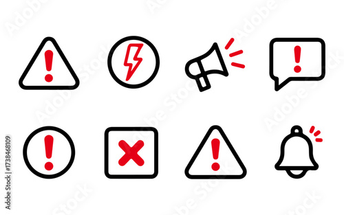 Red and Black Warning Alert Icons Set – Exclamation Mark, Error, Notification, Megaphone, and Bell Symbols