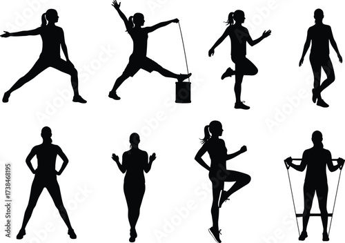 Silhouette vector illustration of women doing different fitness exercises, workout poses, gym training, aerobics, yoga, stretching, strength, and resistance activities.
