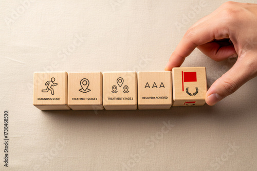 Hand Flipping Final Wooden Block with Red Flag for Recovery in Line of Medical Treatment Icons Including Diagnosis and Healing