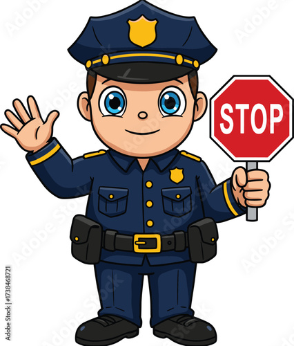 Cartoon police officer holding stop sign illustration, traffic control character in blue uniform, public safety mascot design, cad drawing flat vector illustration