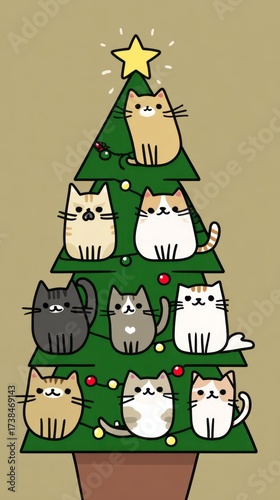 A Christmas tree with cats sitting on it. Christmas concept.