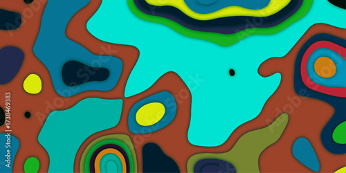 Seamless colorful abstract watercolor pattern with water drops texture and geometric blue wave design. Cover layout template with wavy layers and shadow, Paper cut art background. print, curve, topo