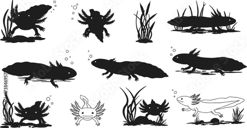 Collection of axolotl silhouettes in underwater scenes with bubbles and aquatic plants, cute amphibian vector illustration set for exotic pet, nature, and wildlife art