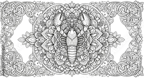Intricate Crayfish Mandala Line Art Coloring Book Vector