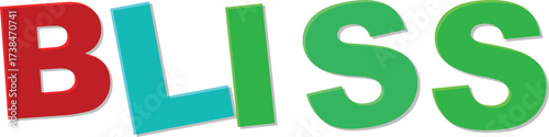 Red turquoise green letters spelling B L I S with shadow Text Design bliss word