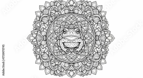Detailed Black and White Frog Mandala Coloring Illustration