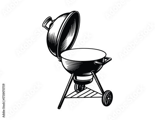 A BBQ  in black silhouette style. Vector illustration for picnic, outdoor cooking and summer party. Hot charcoal grill with smoke or steam.