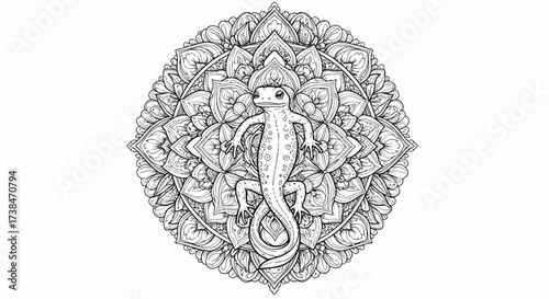 Detailed Salamander on Intricate Mandala Line Art for Coloring