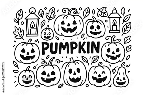 Doodled Pumpkin Patch. Doodle pumpkin patch with lanterns, leaves, and funny faces, center word “Pumpkin” in black and white