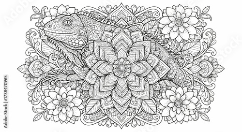 Detailed Iguana With Mandala Floral Art Coloring Page