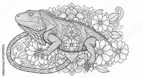 Intricate Iguana and Floral Mandala Coloring Page Vector