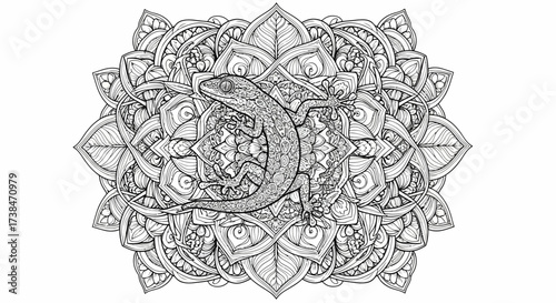 Detailed Gecko on Ornamental Mandala Line Art Illustration