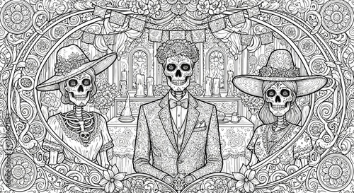 Intricate Day of the Dead Calaveras Line Art Illustration