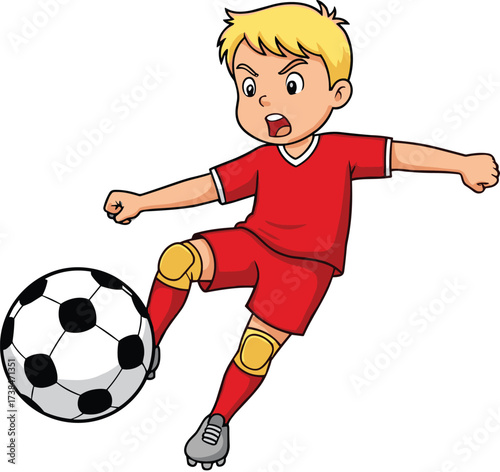 Cartoon young soccer player kicking ball, blonde boy in red uniform, energetic child athlete sports action, football game, cad drawing flat vector illustration