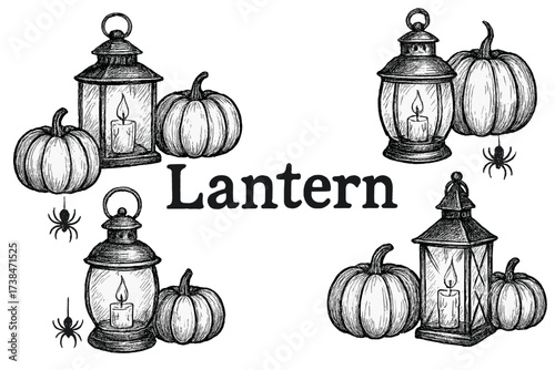 Halloween Lantern Artwork. Hand-drawn halloween lanterns with candles, pumpkins, and spiders, center word “Lantern” in black and