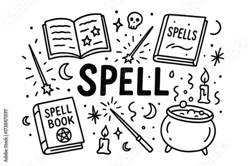 Halloween Spell Doodle. Doodle halloween spells with books, wands, and cauldrons, center word “Spell” in black and white isolated