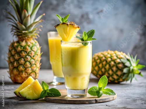 Refreshing pineapple smoothie with fresh mint and pineapple slices on a wooden board in a bright setting