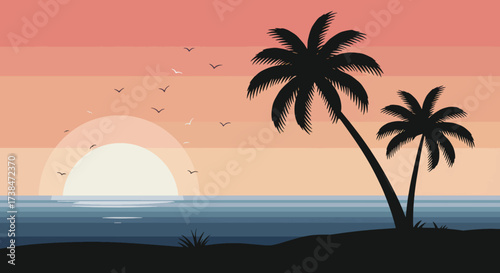 Silhouette of two palm trees on a tropical beach at sunset.