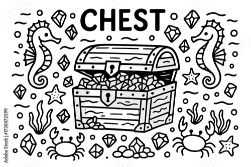 Ocean Treasure Chest. Doodle ocean chest with sea horses, crabs, and gems, center word “Chest” in black and white isolated