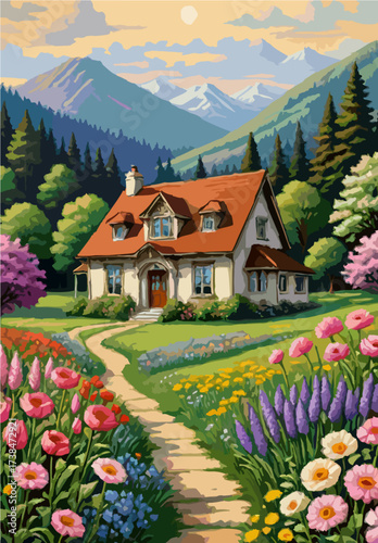 Colorful cottage nestled in mountain valley