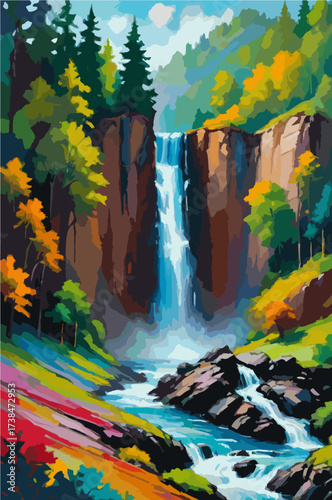 Colorful waterfall cascading through autumn forest
