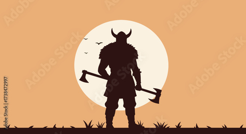 Silhouette of a Viking warrior with axes against a large sun.