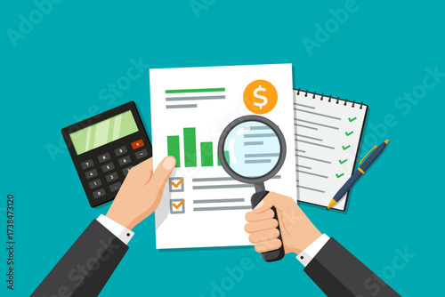 vector illustration of Business Analytics Report With Magnifying Glass: Financial Review, Checklist, and Calculator Desk Scene