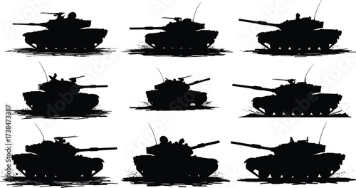 Silhouette illustration of military battle tanks in different positions, heavy armored vehicles with cannons, war machine combat equipment for army warfare vector design