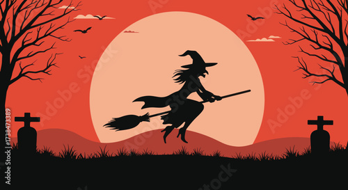 Silhouette of a witch flying on a broomstick against a large moon.