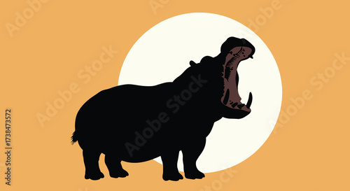 Silhouette of a hippopotamus with its mouth wide open.