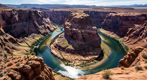 Horseshoe bend canyon landscape with river curve.