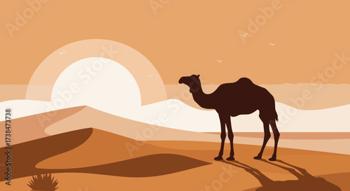 Silhouette of a camel standing in the desert at sunset.