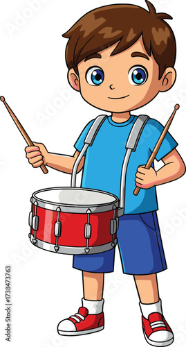 Cartoon boy playing red drum, cheerful child musician, kids music performance, rhythm learning, percussion instrument, cad drawing flat vector illustration