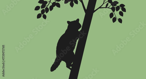 Silhouette of a bear climbing a tree with green leaves.