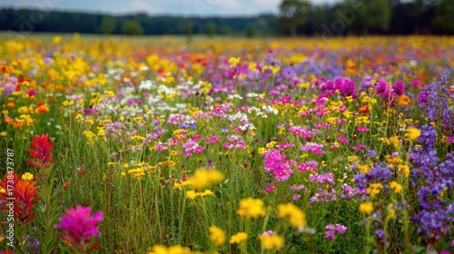 Stunning photo of colorful wildflower meadow with a variety of flowers in full bloom.