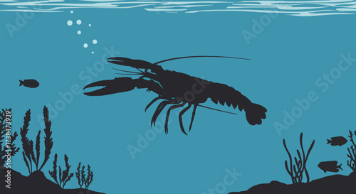 Silhouette of a large lobster swimming underwater surrounded by small fish and aquatic plants.