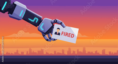 A robotic hand holds an employee's identification card with the word "Fired" written on it. The concept of automation, unemployment, and the replacement of humans by artificial intelligence.