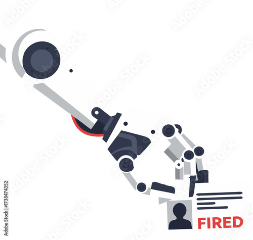 A robotic hand holds an employee's identification card with the word "Fired" written on it. The concept of automation, unemployment, and the replacement of humans by artificial intelligence.
