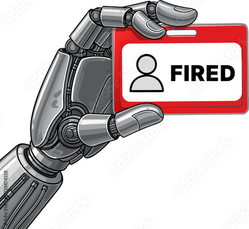 A robotic hand holds an employee's identification card with the word "Fired" written on it. The concept of automation, unemployment, and the replacement of humans by artificial intelligence.
