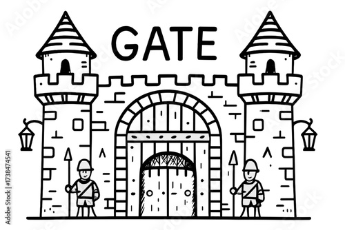Doodle Kingdom Gates. Doodle kingdom gates with towers, guards, and lanterns, center word “Gate” in black and white isolated