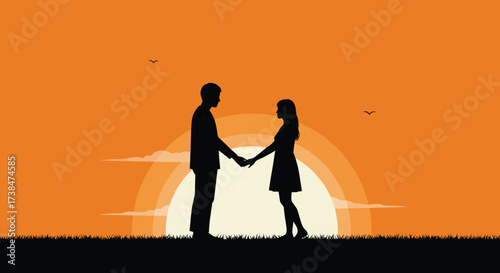 Silhouette of a couple holding hands against a sunset.